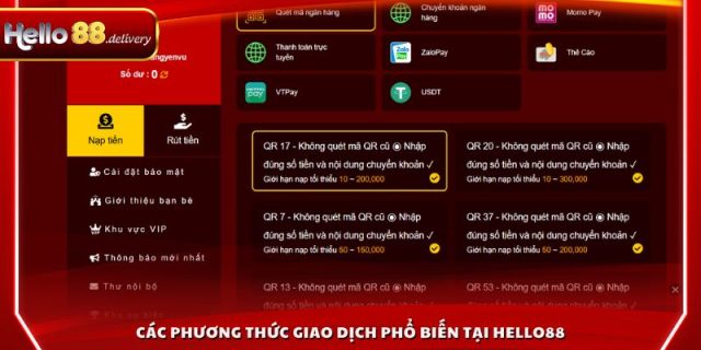 Các phương thức giao dịch phổ biến tại HELLO88